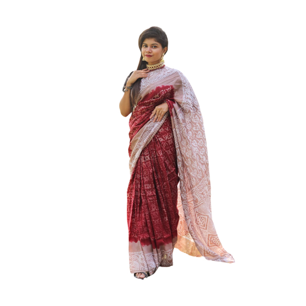 Premium Quality Silk Batik Saree With Blouse Piece - Maroon - SB-N06