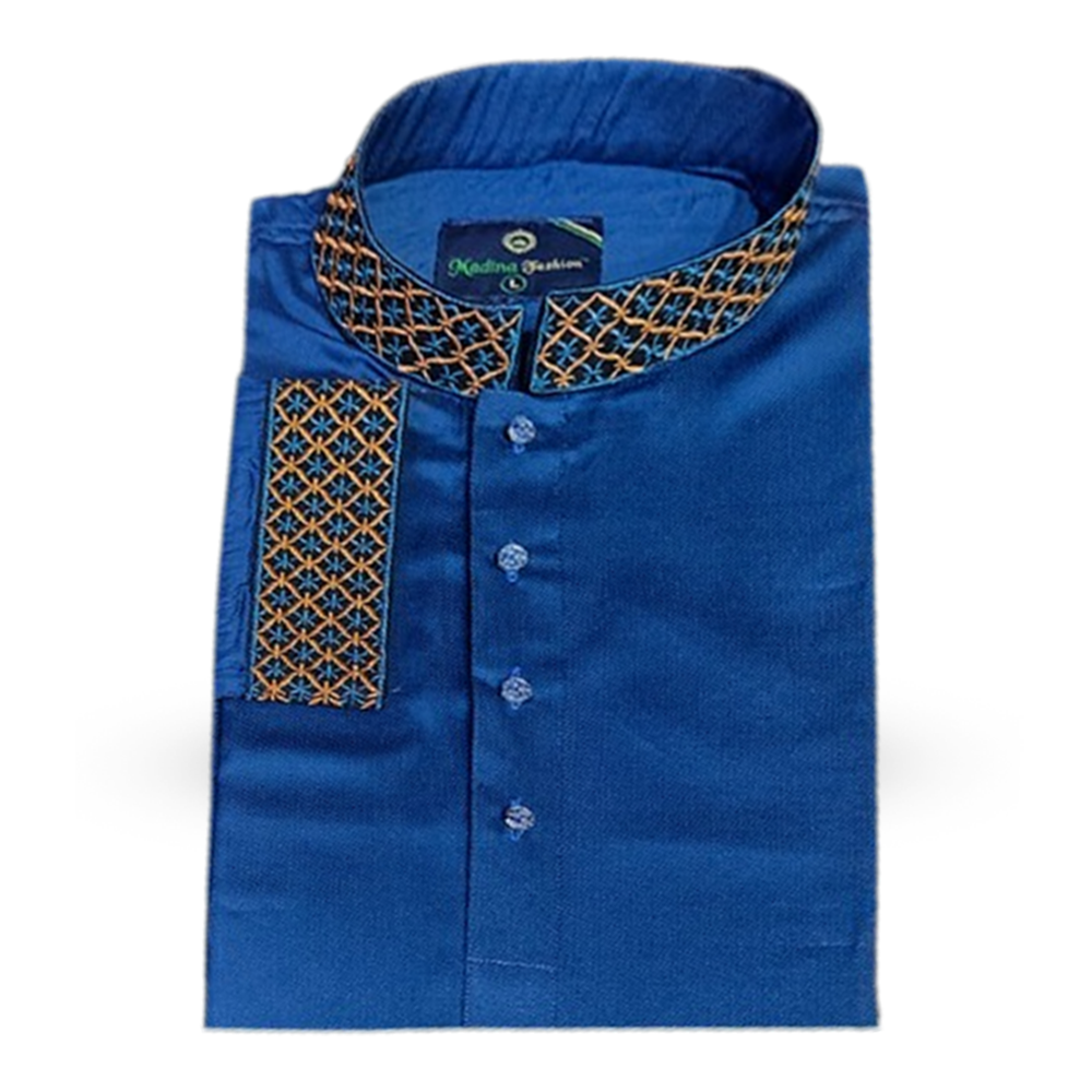 Cotton Semi Long Embroidery Panjabi for Men  - Blue - MD-04
