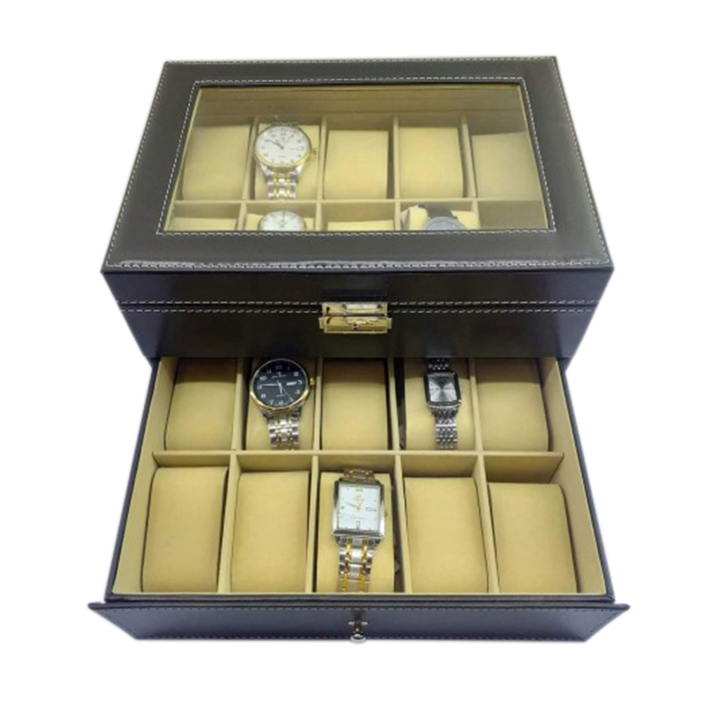 Leather Watch Box With Glass Top - 20 Slot
