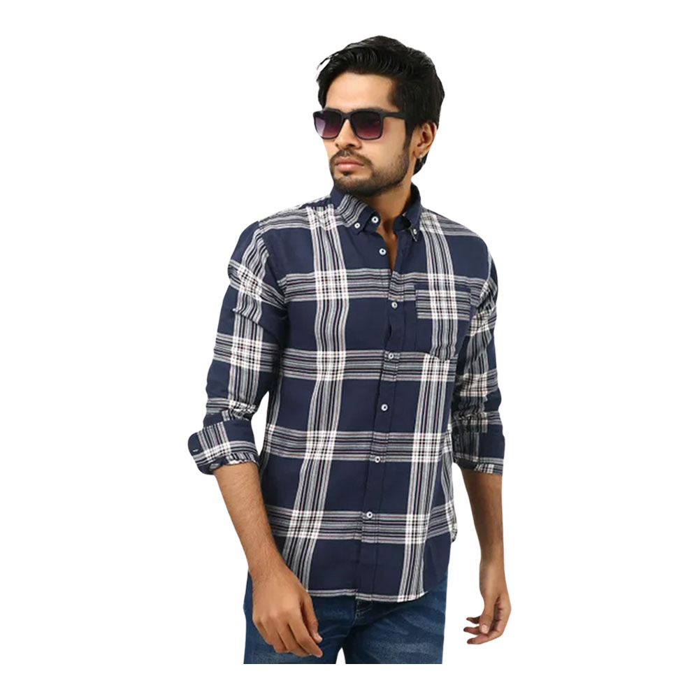 Cotton Full Sleeve Casual Check Shirt for Men - Navy Blue