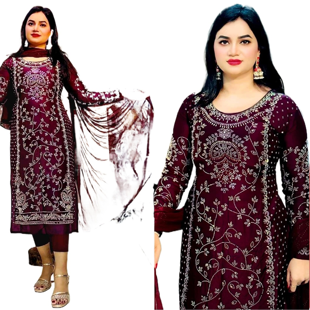 Georgette Embroidery Semi-Stitched Party Salwar Kameez for Women - Purple