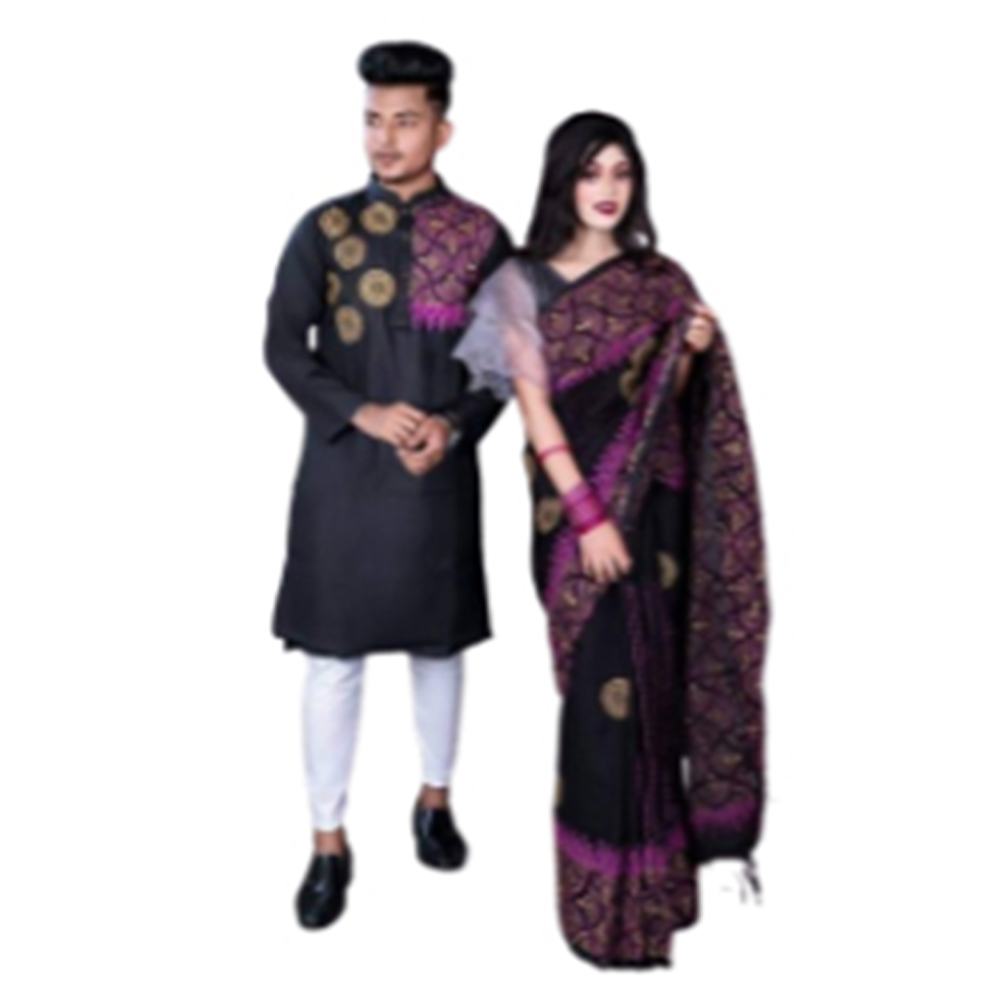 Half Silk Block Print Saree and Silk Cotton Panjabi For Couple - Black - CS-B20