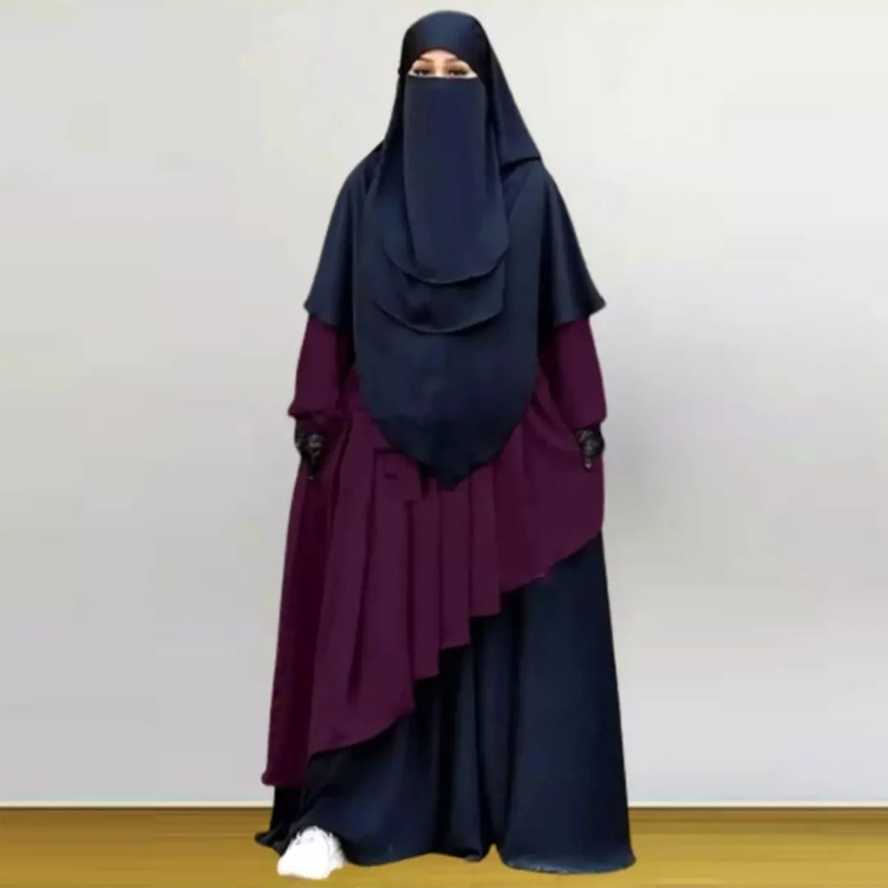 Dubai Cherry 3 Part Kaftan Abaya Burkha With Hijab Niqab For Women - Black and Plum - 21