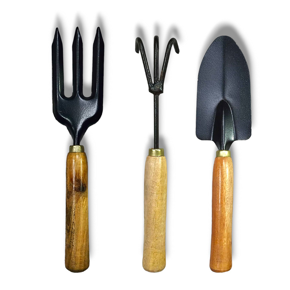 Metal Garden Tools Set With Wooden Handle - Black