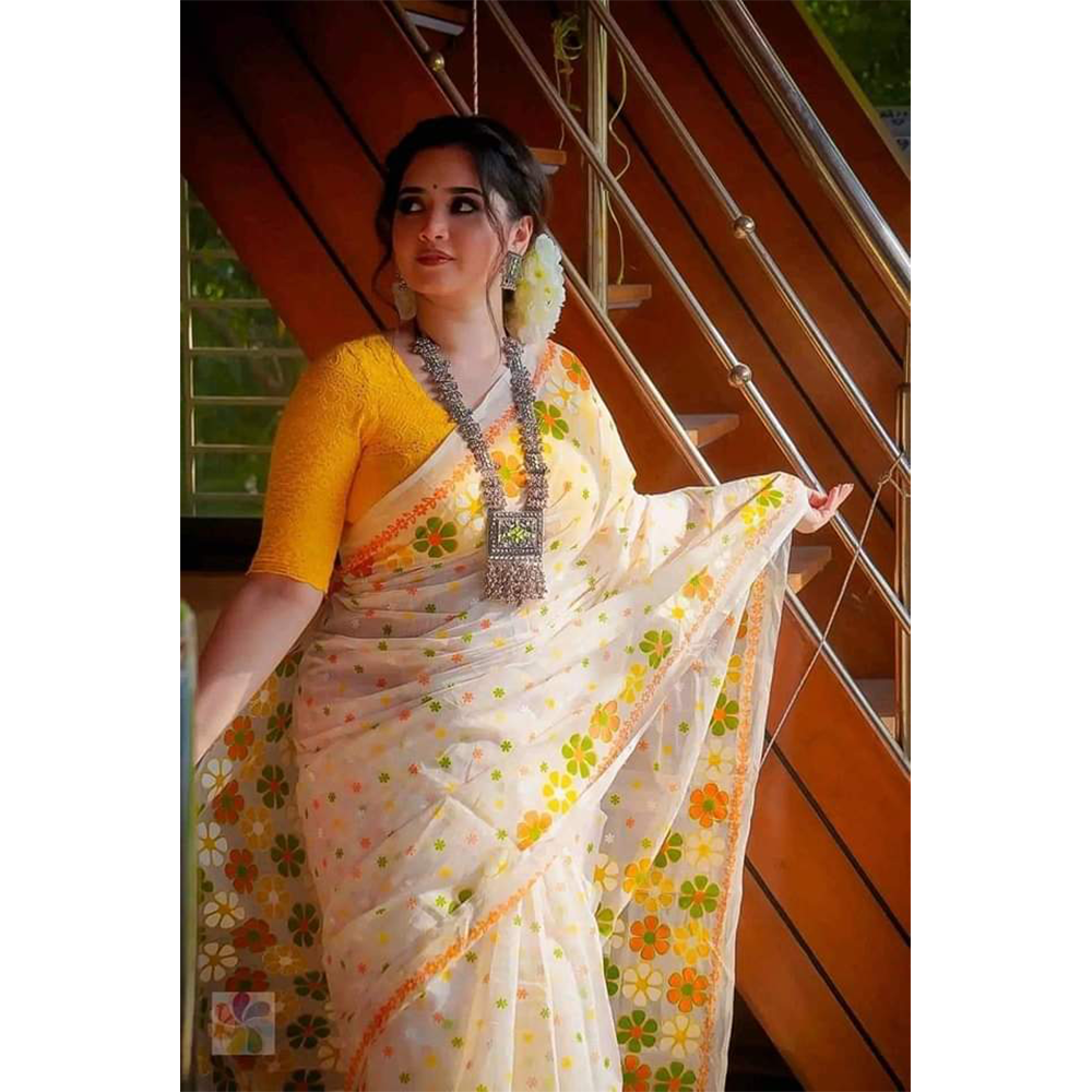 Half Silk Saree with Blouse Piece For Women - Yellow