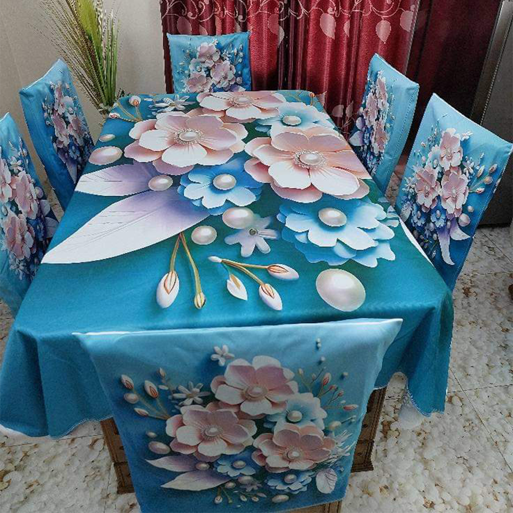 Korean Velvet 3D Print Premium Dining Table Cloth and Chair Cover Set 7