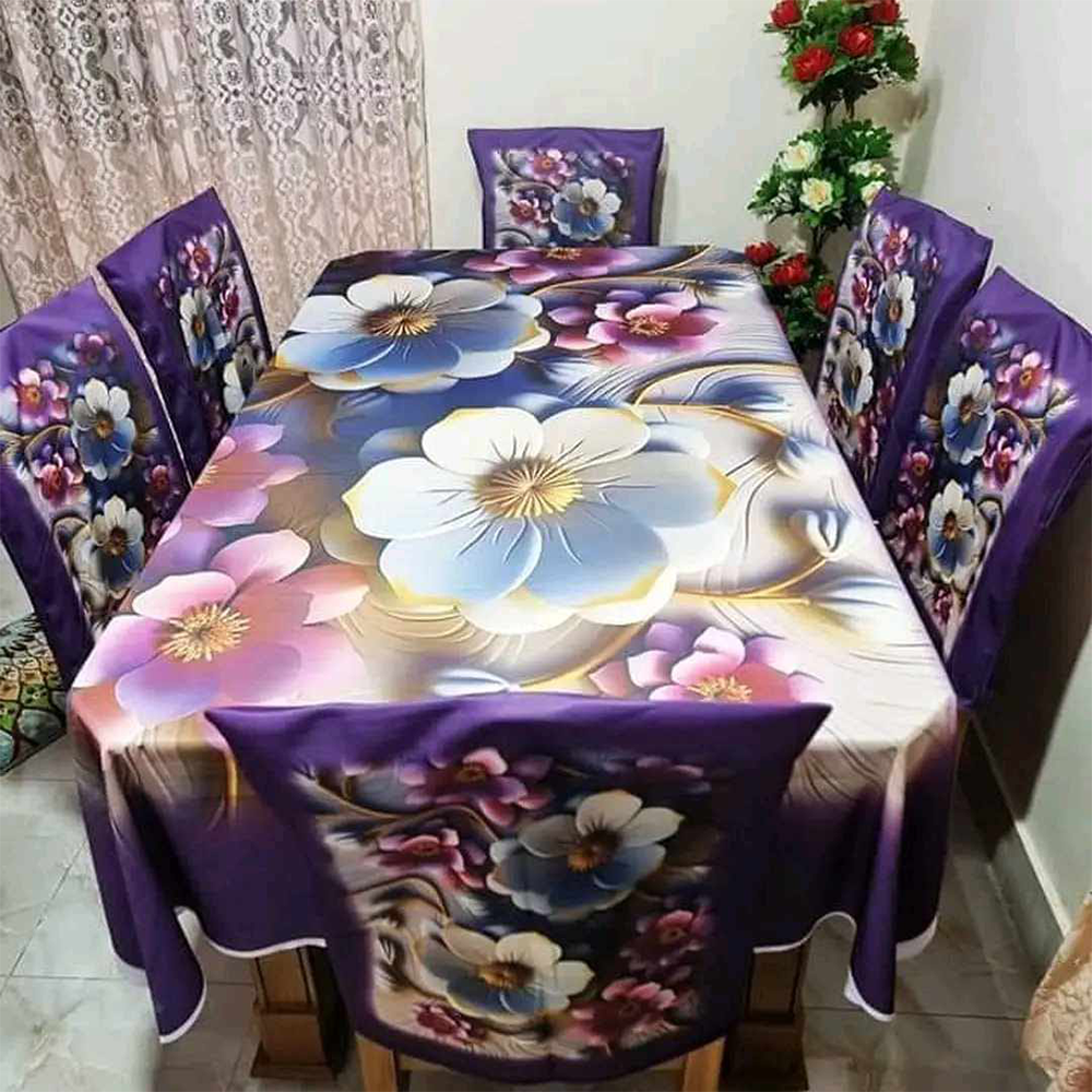 Korean Velvet 3D Print Dining Table Cloth and Chair Cover Set 7 In 1 - HS 00088