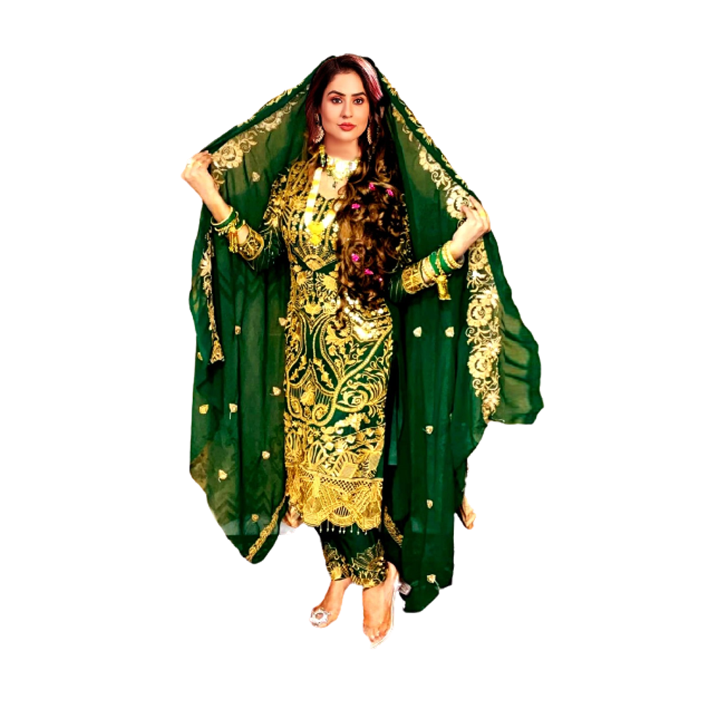 Three Pcs For Women Georgette and Butter Silk - Golden and Green