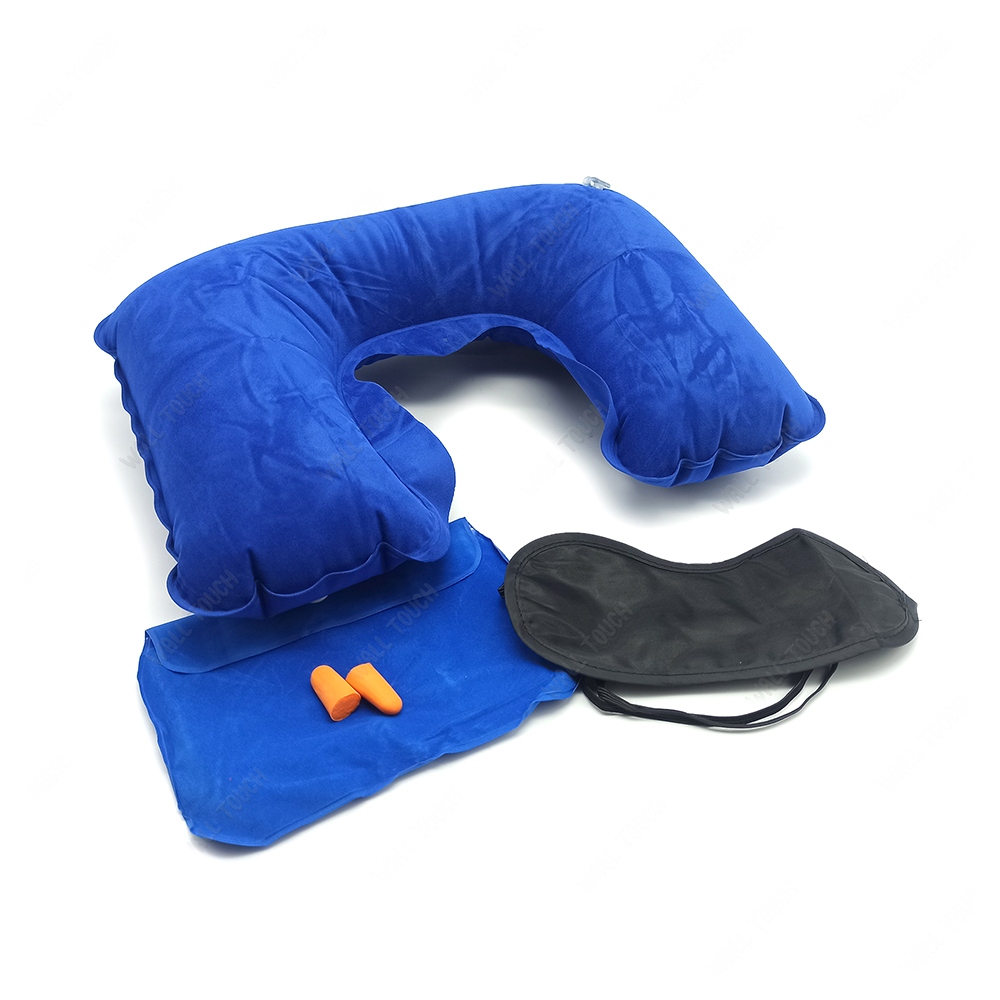 4 in 1 Inflatable Travelling Pillow Set With Eye Mask Ear Plug And Pouch - Blue And Black