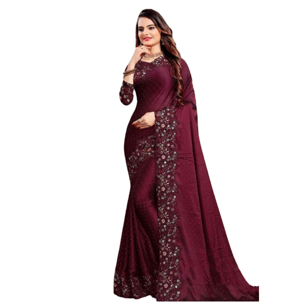 Weightless Georgette Embroidery Saree With Blouse Piece For Women - Maroon - SJ-87