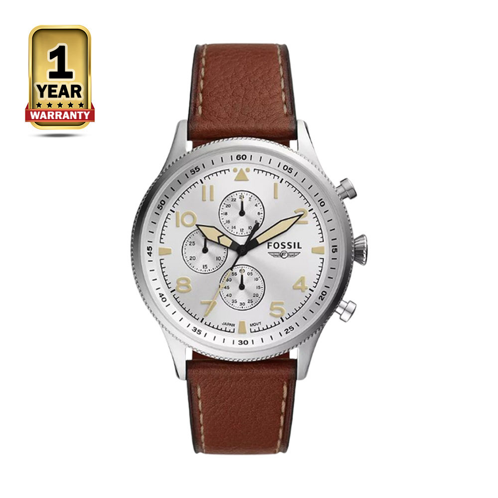 Fossil FS5809 Leather Quartz Retro Pilot Chronograph Watch - Brown 