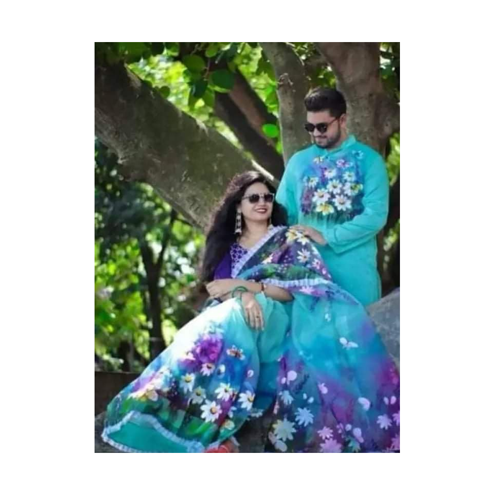 Hand Printed Half Silk Saree and Dhupian Silk Panjabi For Couple Set - BAN103