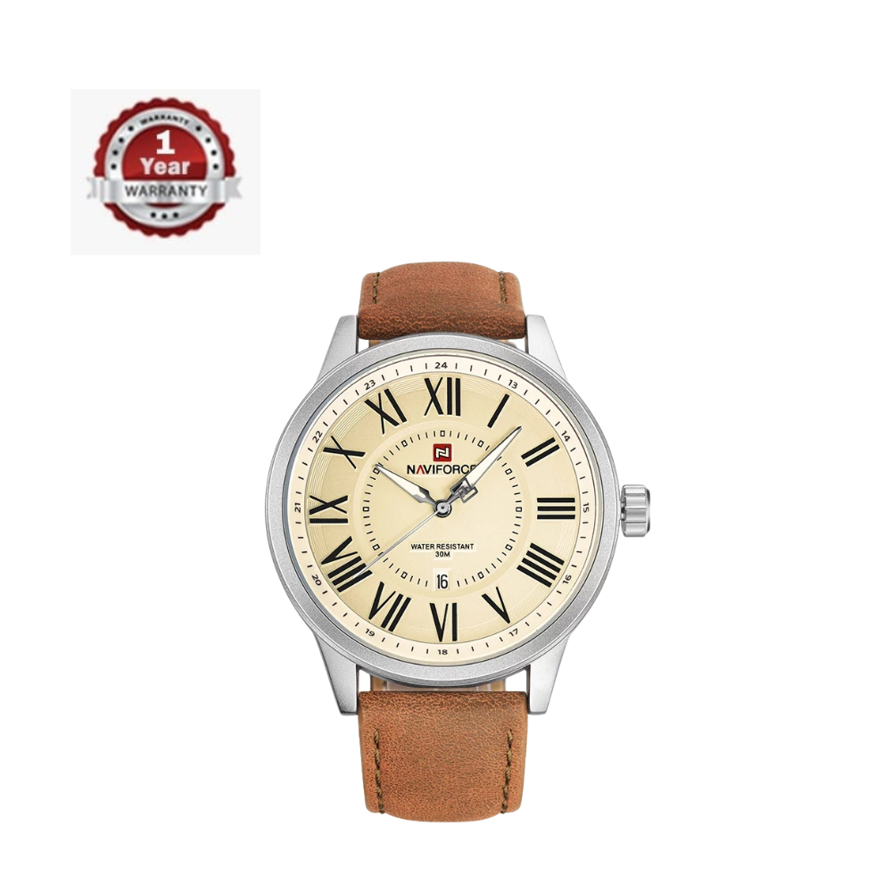 NAVIFORCE NF9126 Leather Analog Watch for Men - Silver & Brown