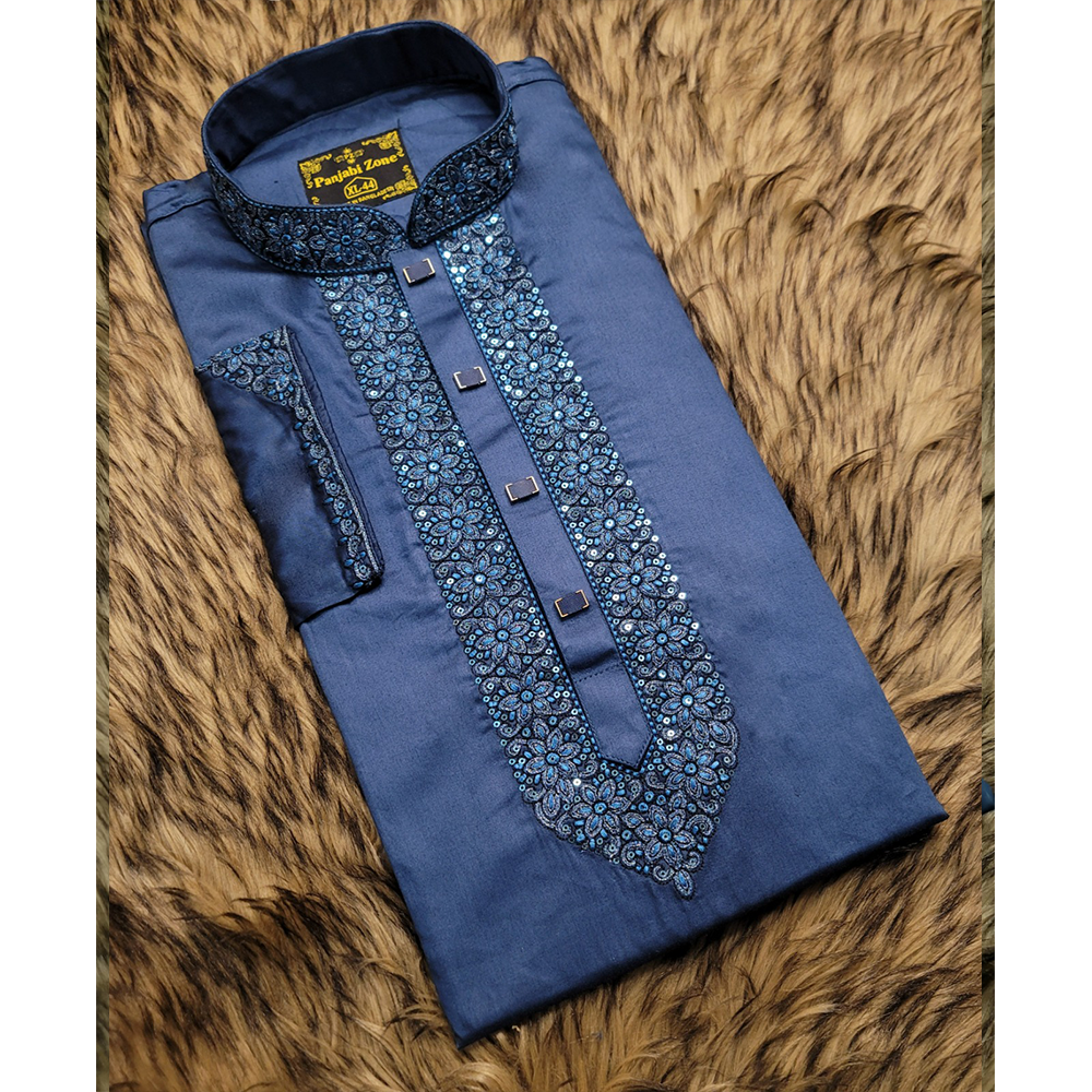 Plain Shatton Embroidery Panjabi for Men - Blue - PZ-54