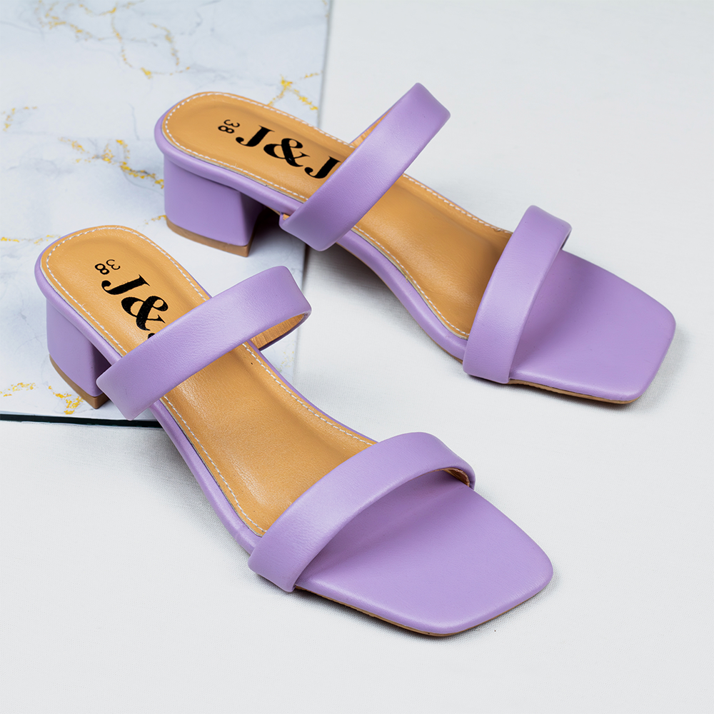 Artificial Leather Double Strap Heeled Sandals For Women - Purple - J&J-23