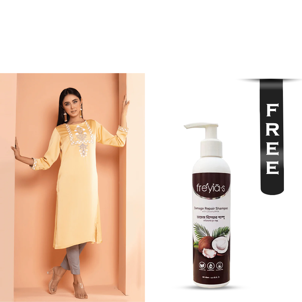 Buy Showstopper Crepe Silk Kurti for Women - M17 - Pale Yellow and Get Freyias Damage Repair Shampoo with Coconut Milk - 220ml Free