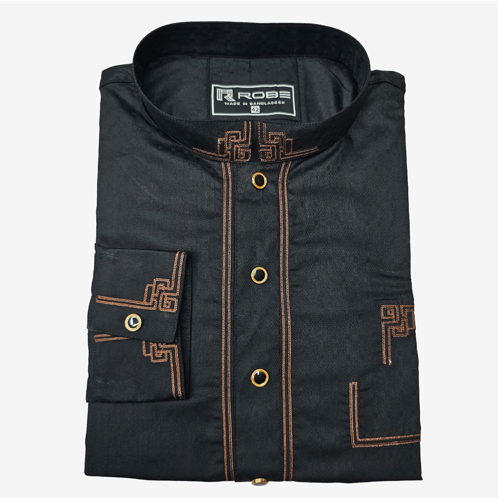 China Cotton Embroidery Panjabi For Men - Black - 7620
