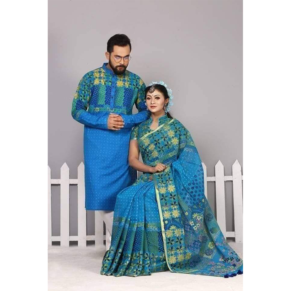 Half Silk Block Print Saree and Dupiyan Cotton Panjabi Couple Set - Blue - 56