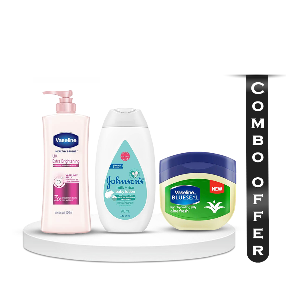 Combo of Vaseline Healthy Bright Uv Extra Brightening Lotion, Johnson's Baby Milk and Rice Lotion, Vaseline Blueseal Light Hydrating Aloe Fresh Jelly - 400ml + 200 ml + 100ml 