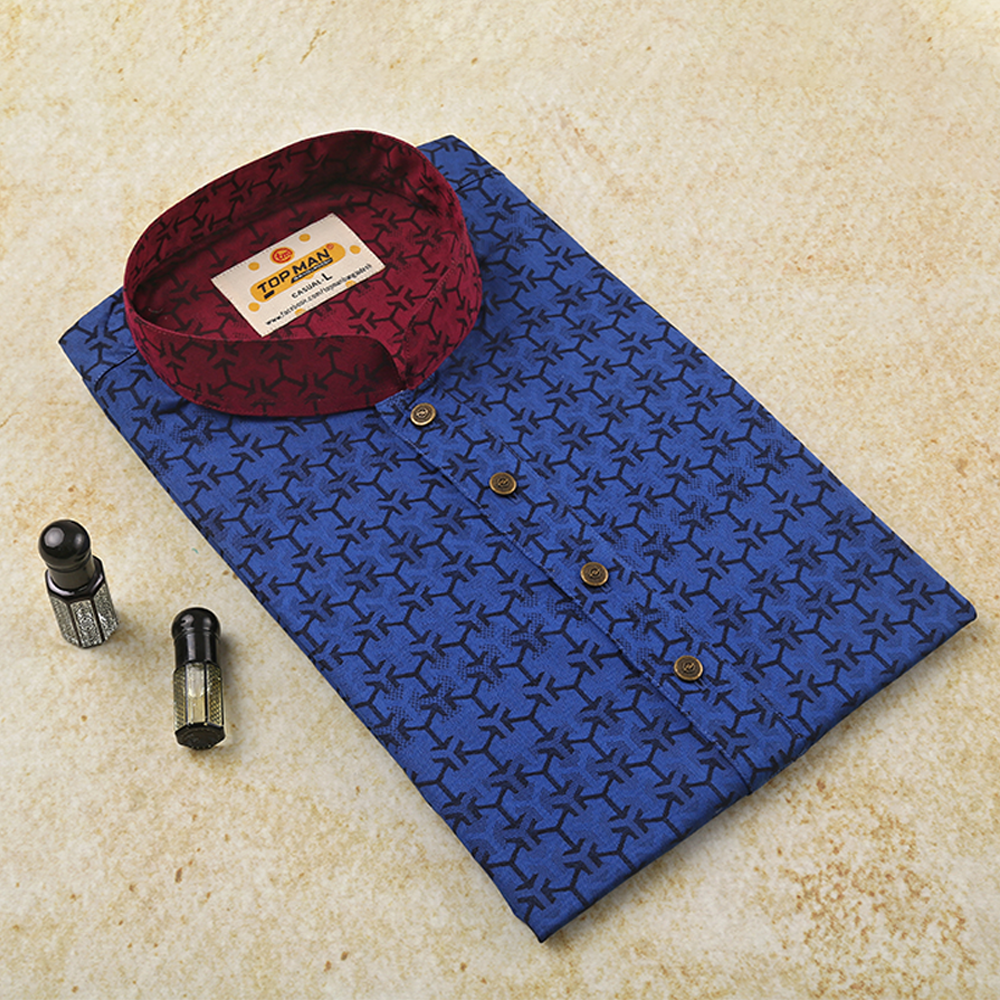 Cotton Casual Panjabi for Men - Blue Print - TMP-1038