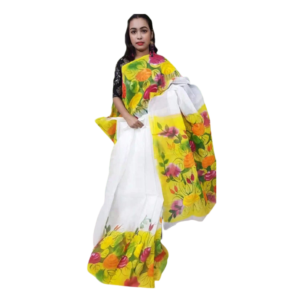 Exclusive Hand Printed Half Silk Saree for Women - White and Yellow - SP-91 