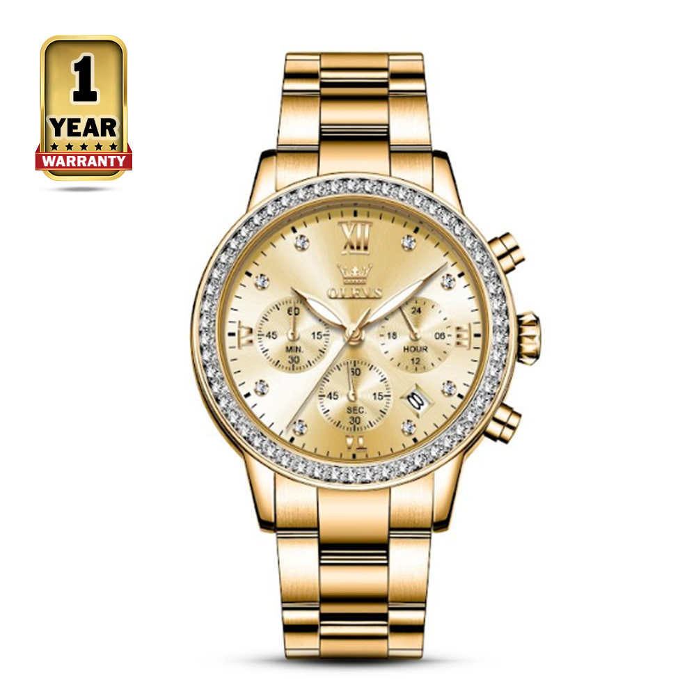 Olevs 9933 Stainless Steel Waterproof Luxury Quartz Wrist Analog Watch For Women - Golden