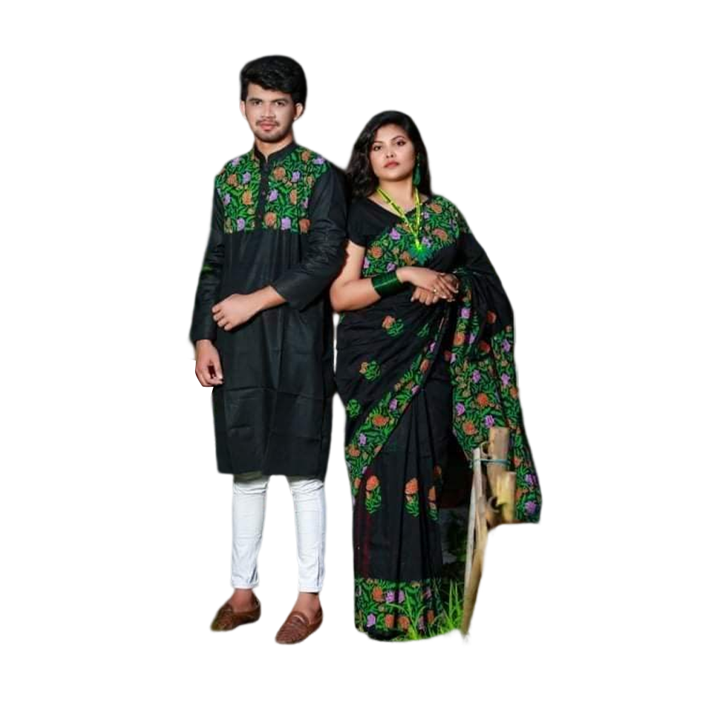 Combo of Half Silk Block Print Saree and Dhupian Silk Panjabi