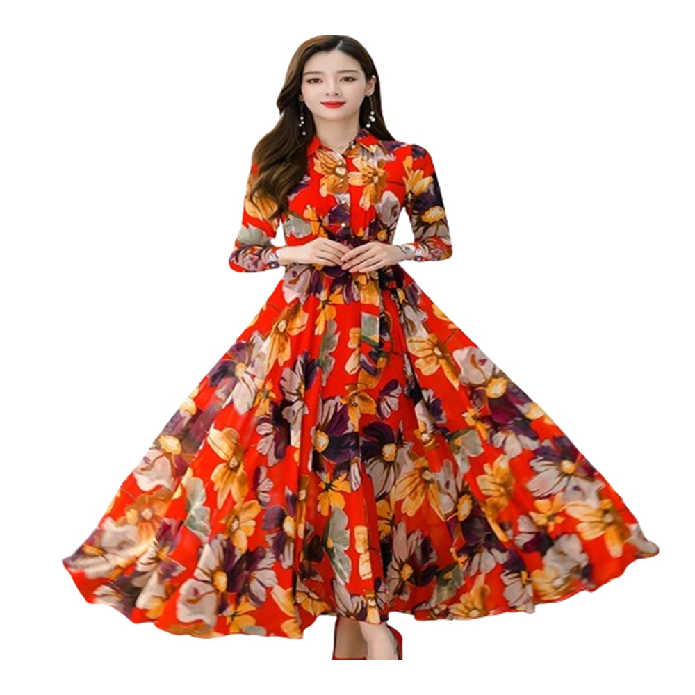 Linen Digital Print Long Sleeve Gown For Women - Red - GL-P4