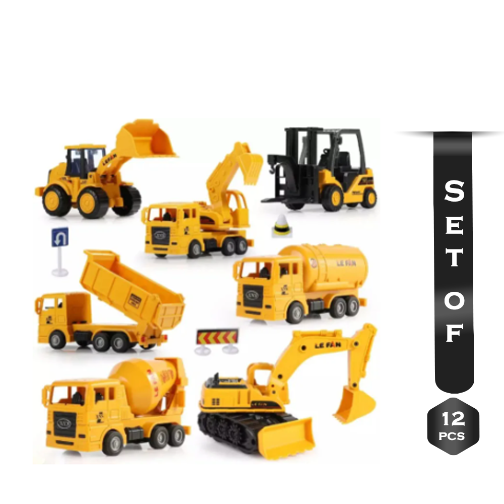 Set of 12Pcs Plastic Construction Truck Crane Roller Toy Set
