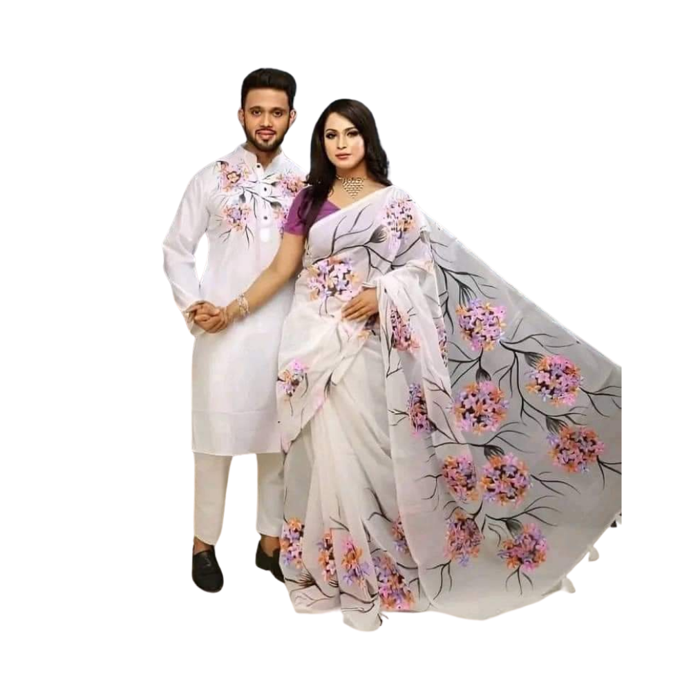 Cotton Silk Saree and Dhupian Cotton Panjabi Couple Dress - Cream White - SC79