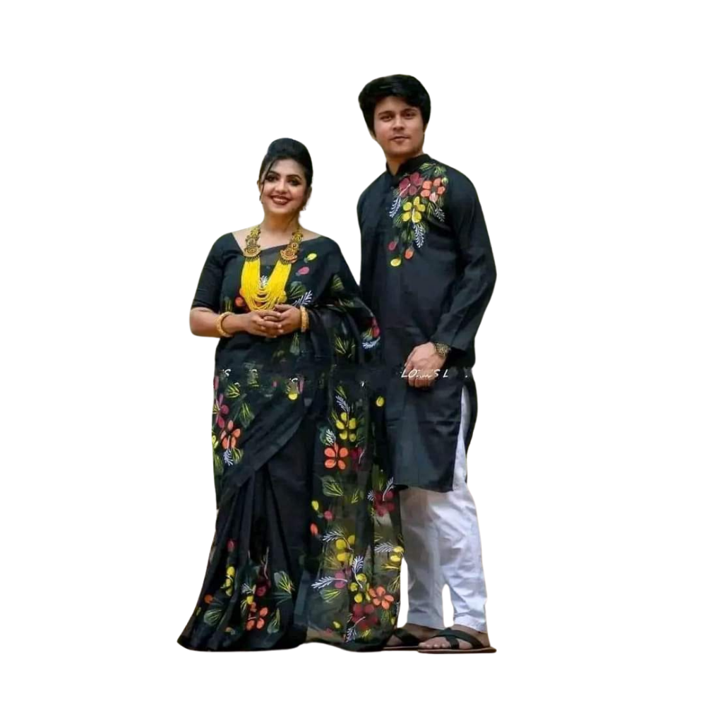 Cotton Silk Saree and Dhupian Cotton Panjabi Couple Dress - Deep Black - SC57