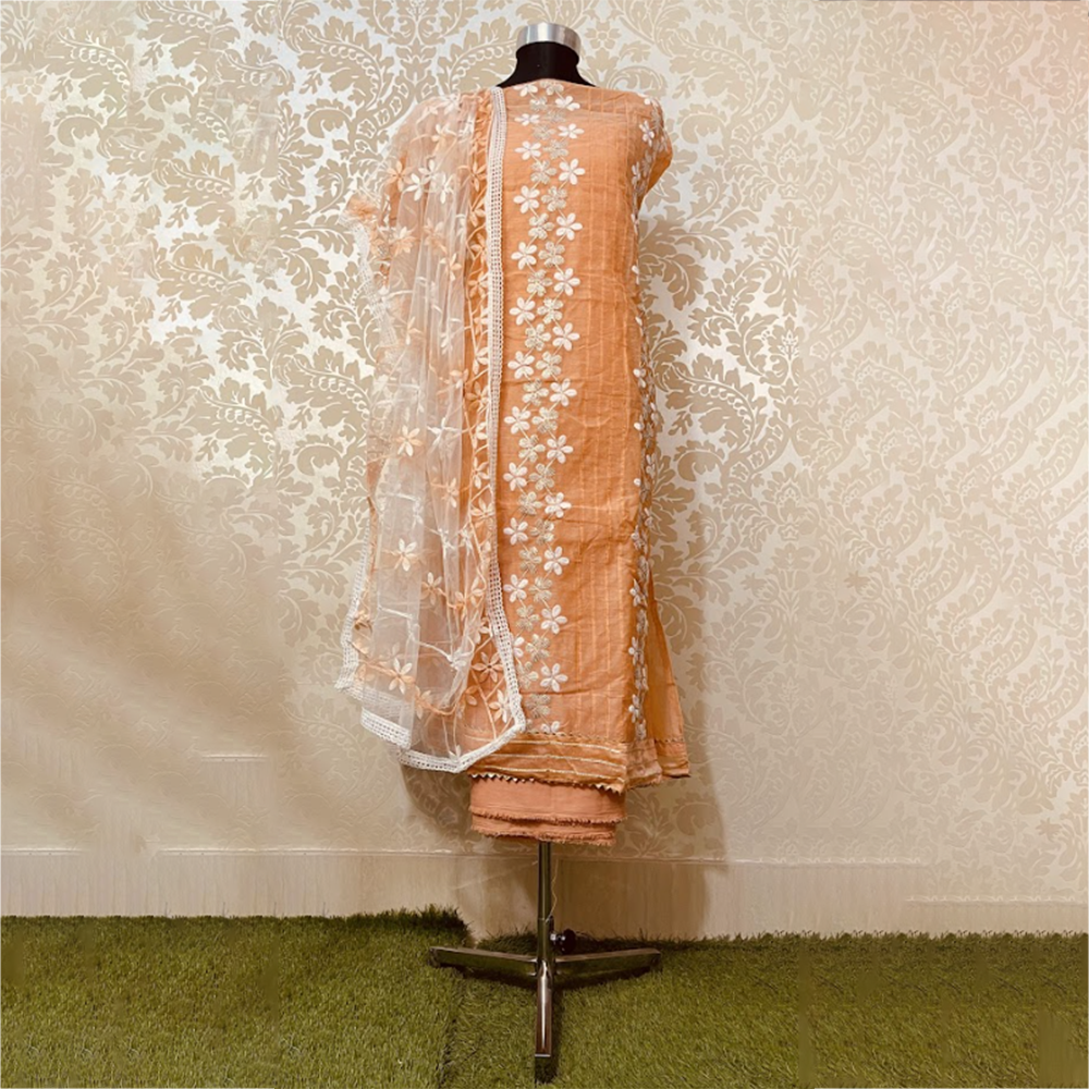 Unstitched Tussar Silk Salwar Kameez For Women - Coral Orange - A-4