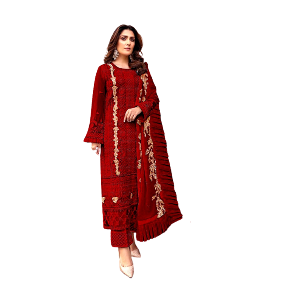 Three Pcs For Women Georgette and Butter Silk - Red