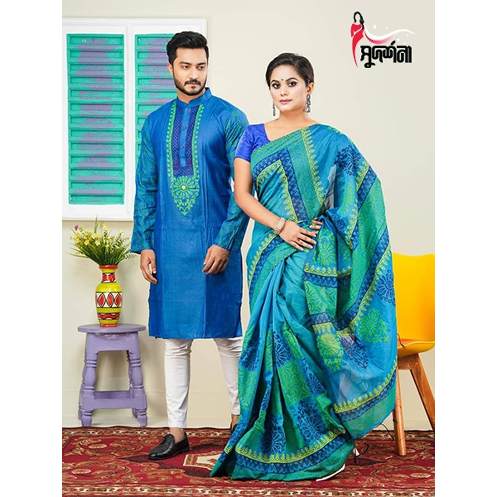 Dhupian Block Print Silk Saree and Dhupian Silk Panjabi for Couple - Multicolor - 0014