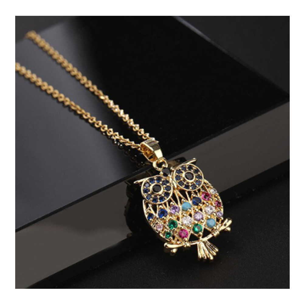 Crystal Rhinstones Owl Animal Pendant Necklaces For Girls - Golden