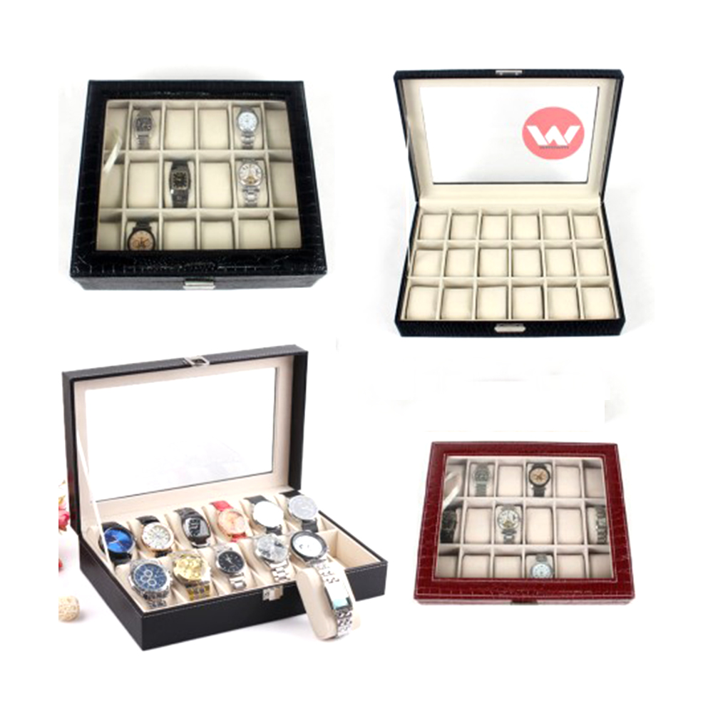 Leather Watch Box With Glass Top - 18 Slot