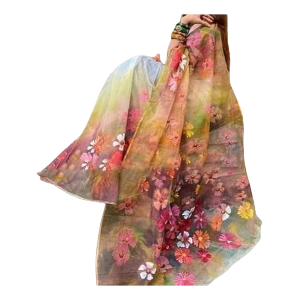 Hand Printed Half Silk Saree for Women - Multicolor - SP-93 