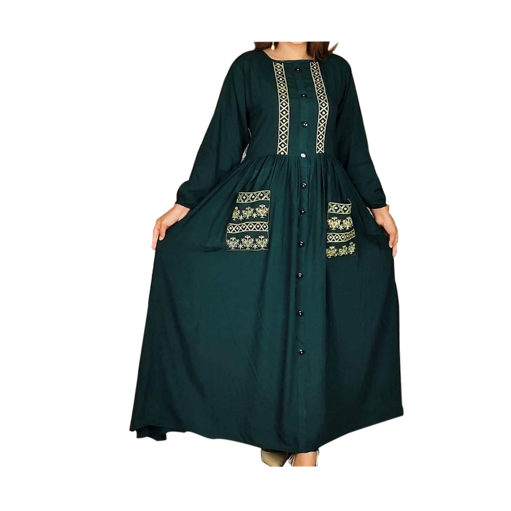 Linen Embroidery Fashionable Long Gown For Women - Green - G-E03