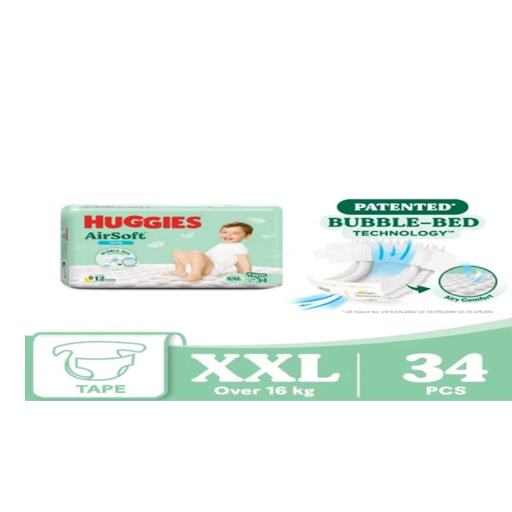 Huggies AirSoft Tape Baby Diapers XXL Size Upto 16kg 34Pcs