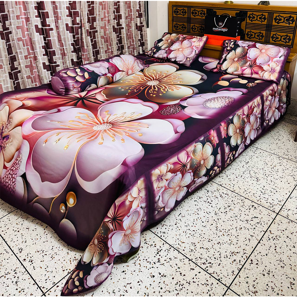 China Cherry Cotton King Size 3D Design Bedsheet With Pillow Covers - Multicolor - HS-00046