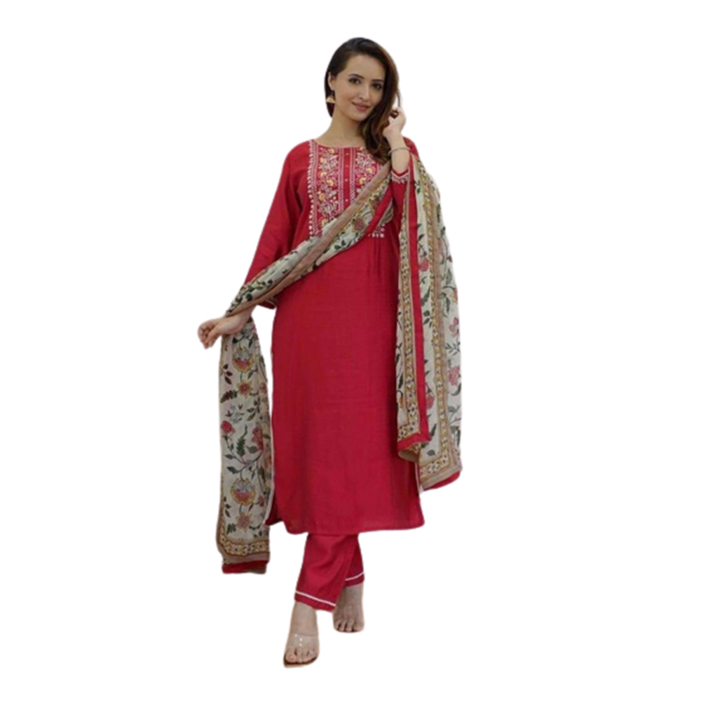 Lilen Computer Embroidery Readymade Salwar Kameez For Women - Red - GR-02