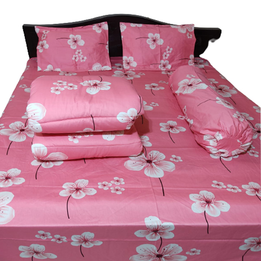 Twill Cotton King Size Five In One Comforter Set - Pink - CFS-71