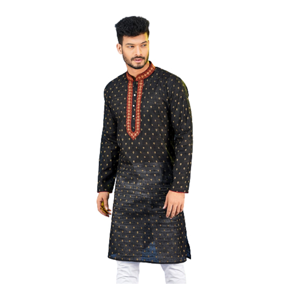 Cotton Digital Print Semi Long Embroidery Panjabi For Men - Black - PS-03