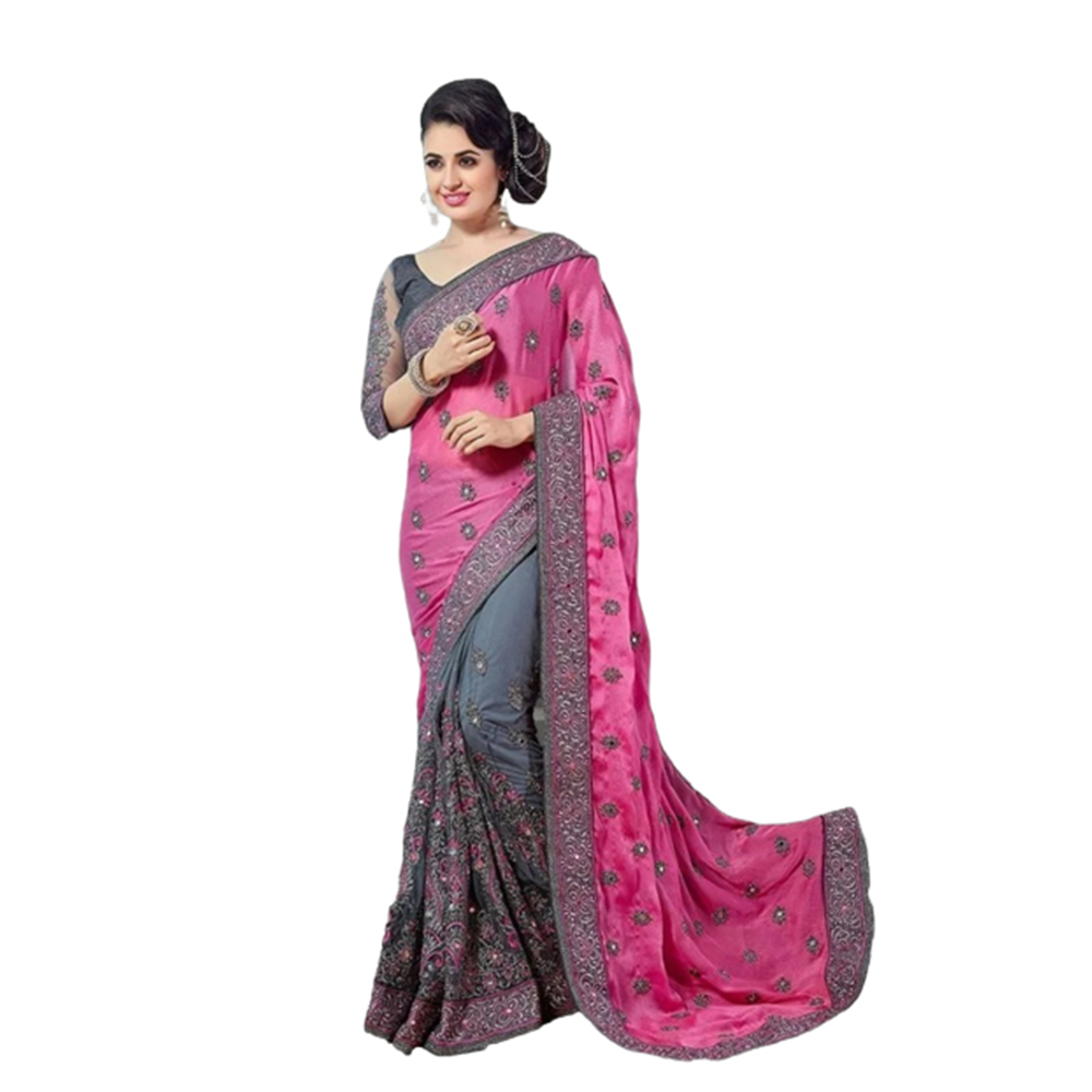 Soft Georgette Embroidery Saree With Blouse Piece For Women - Pink And Gray - SJ-25