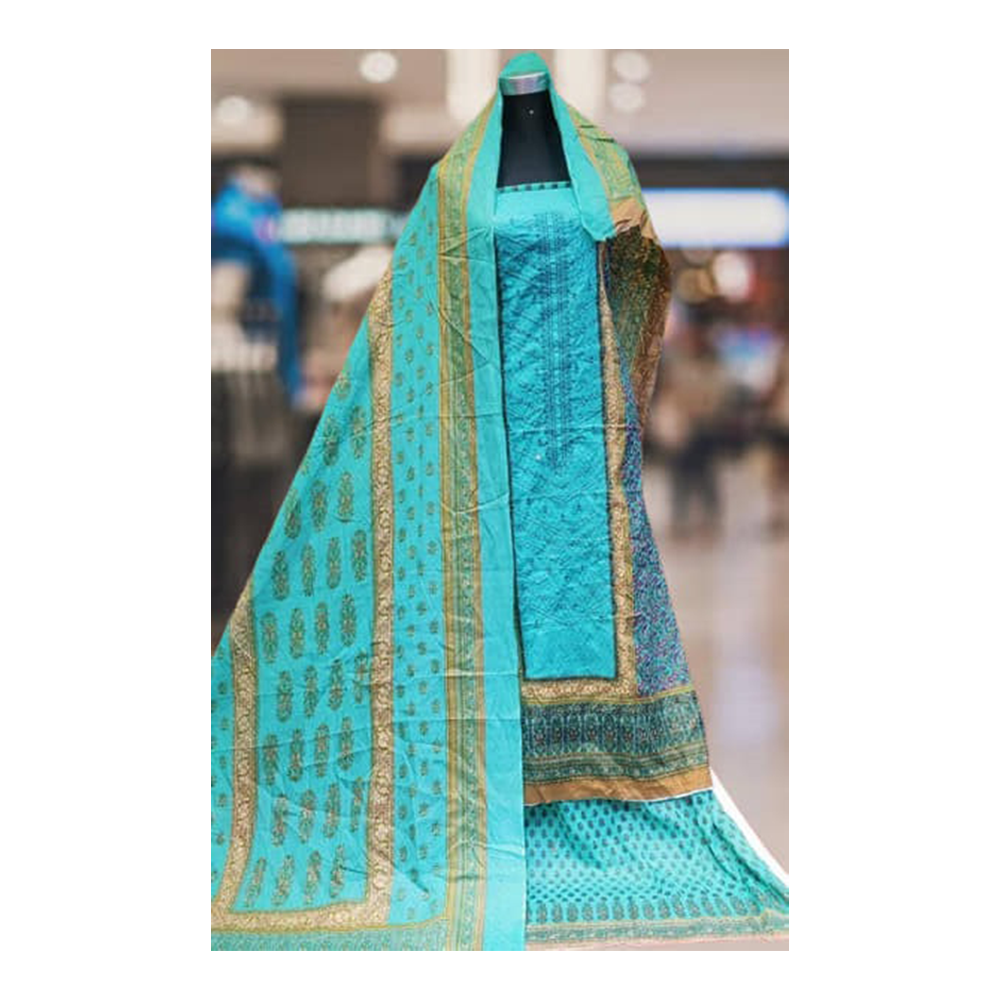 Unstiched Cotton Embroidery Salwar Kameez for Women - Cyan - 3R-E9 