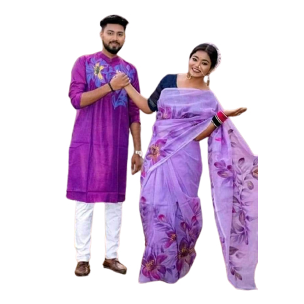 Hand Print Couple Set Saree With Panjabi - Purple - CS-73