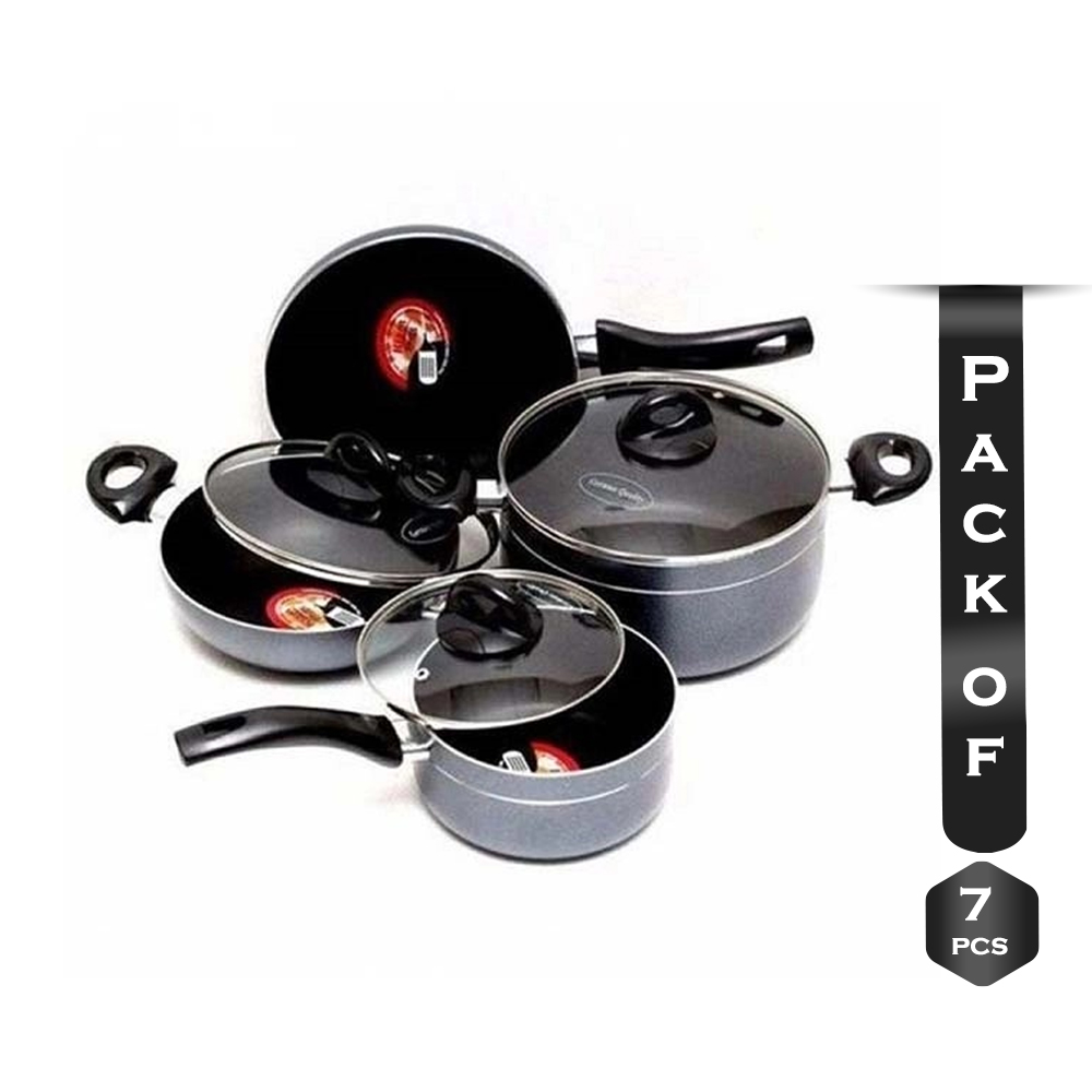 Pack of 7 Pcs Kiam Non-Stick Cookware Set - Black and Silver