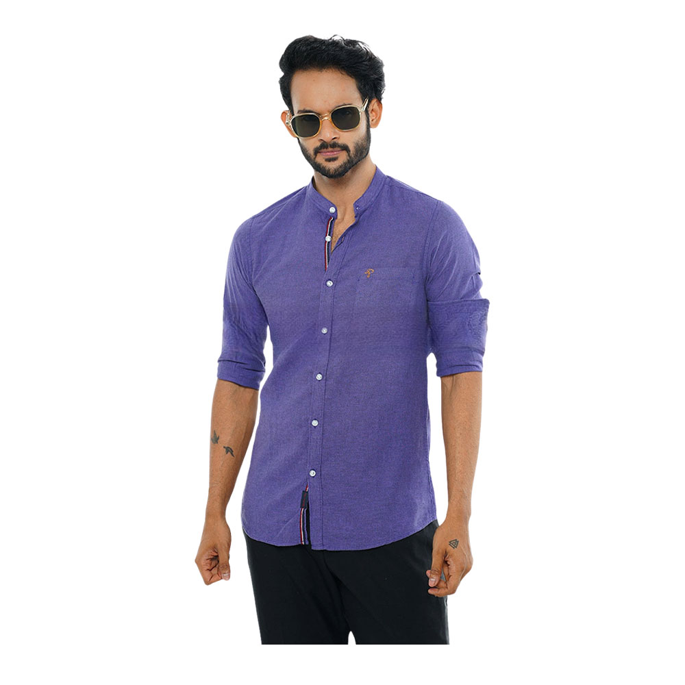 Cotton Casual Band Collar Shirt For Men - Slate Blue