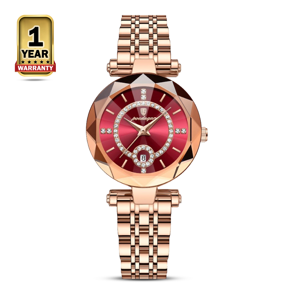 Poedagar 726 Stainless Steel Quartz Wrist Watch For Women - Rose Gold and Red