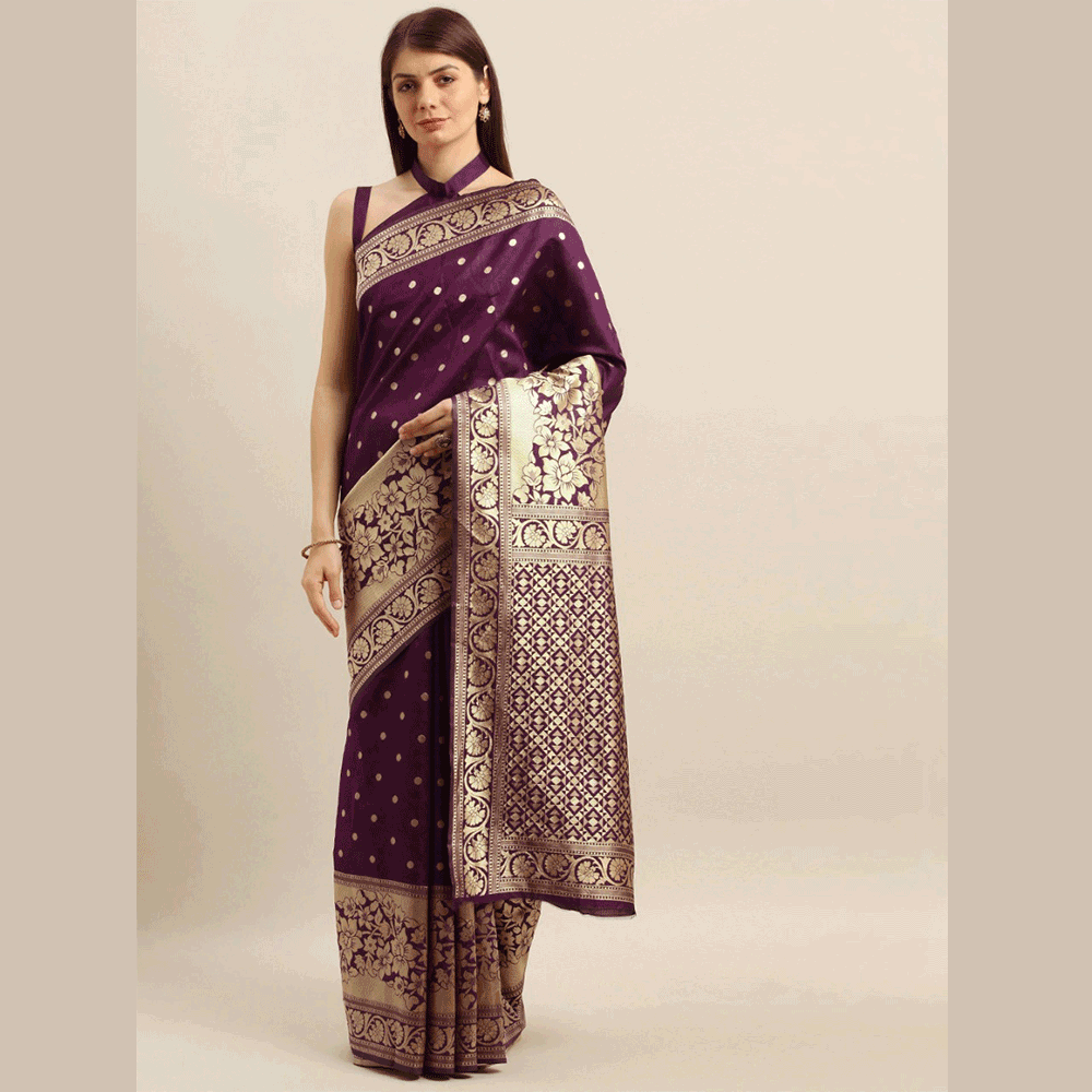 Silk Printed Saree With Blouse Piece For Women - Purple